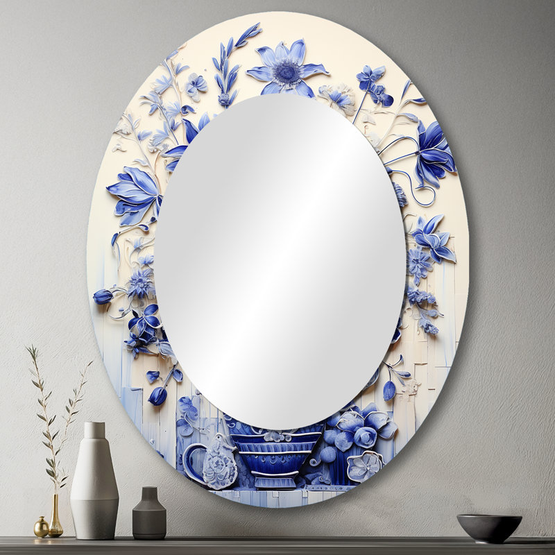 Décoration murale bleu et blanc Boho Plant Pottery II - Miroir mural ovale bleu, H 43 po x l 33 po