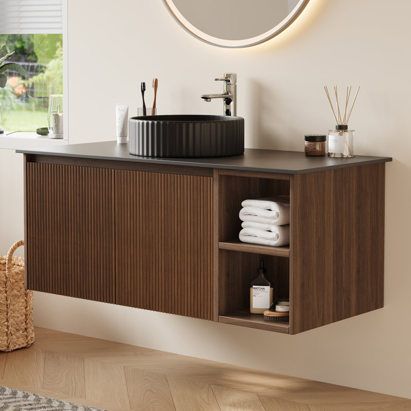 Armoire de salle de bain moderne 36 "en bois avec lavabo en céramique, Brun, Noir