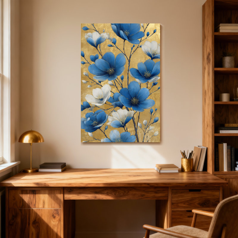 Plantes et fleurs fleurs bleues et blanches sur fond doré, H 24 po x l 16 po
