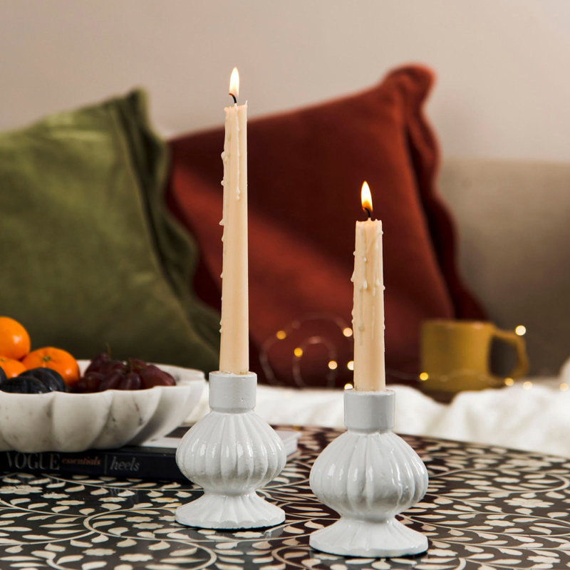 Mela Artisans Sculpted Aluminum White Candlesticks Set of 2, White
