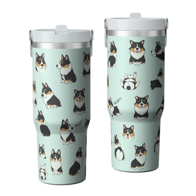Gobelet 30 oz avec couvercle et poignée Gobelets isothermes en acier inoxydable Bouteille d'eau mignonne avec rabat (motif de chien)