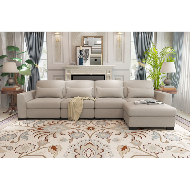 5 - Piece Sectional Sofa With Ottoman, Beige Linen Blend