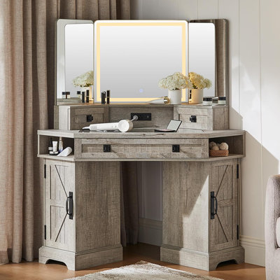 48" Corner Vanity with 3-Sided LED Mirror and Built-in Charging Station
