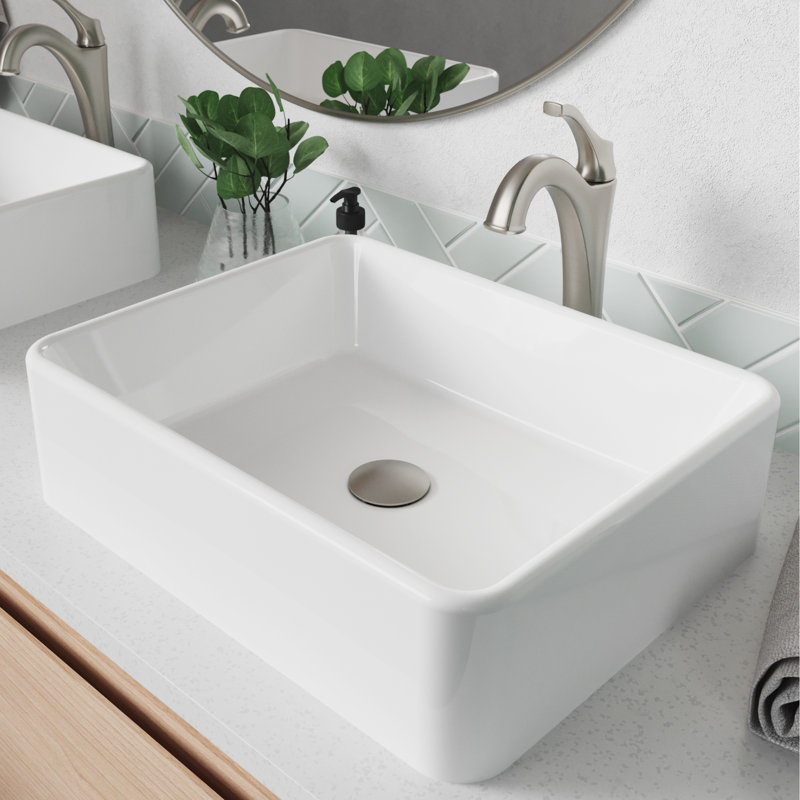 KRAUS Elavo Square White Porcelain Ceramic Bathroom Vessel Sink and Faucet Combo with Pop-Up Drain, Spot Free Stainless Steel