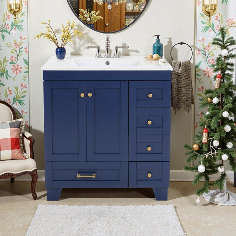 Meuble-lavabo 30 po avec lavabo en céramique, Bleu / doré