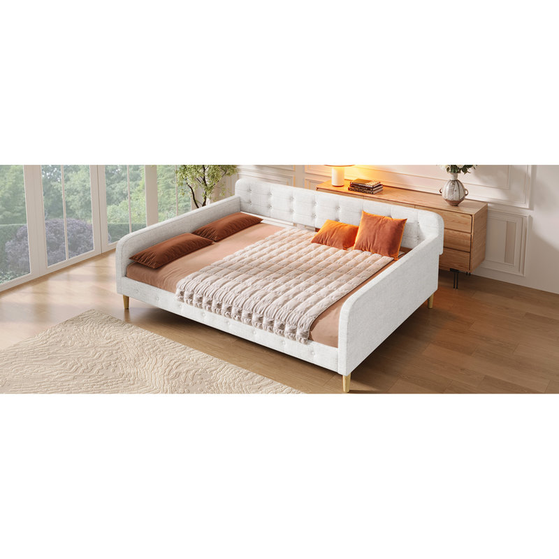 Grand lit de jour rembourré beige, 4 pieds de soutien, revêtement en lin et, sans sommier tapissier en lin, bois massif, fonctionnel pour la nuit, facile à assembler