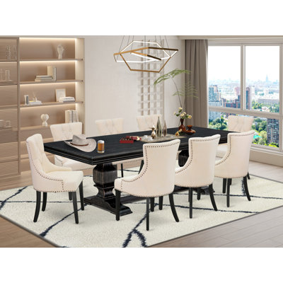 Dining set consists of a dining table & Light Beige Linen Fabric kitchen chairs & black legs with Button Tufted Back - Sand Blasting Black finish. by Red Barrel Studio