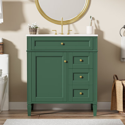 Meuble-lavabo de 30 po avec lavabo supérieur, style minimaliste moderne, 3 tiroirs, pieds romains exquis et organisateur de porte d'armoire pour un élégant décor 2 tiroirs, tablette réglable, poignée texturée,