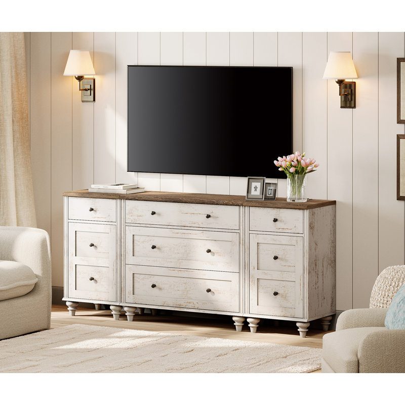 Scarlett Modern TV Stand For 75 Inch TV, Dresser With 5 Drawers And 2 Doors, Nightstands With Charging Station For Living Room Wood TV Console Table For 70 65 80 Inch TV For Bedroom