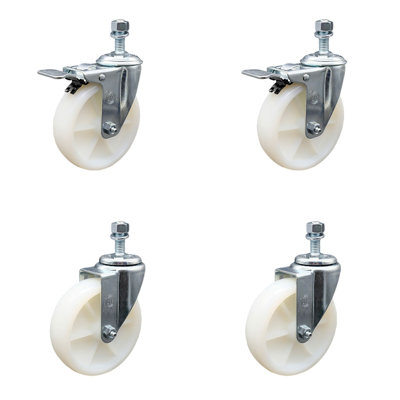 5 Inch Nylon Wheel Swivel 12mm Threaded Stem Caster Set 2 Total Lock Brakes