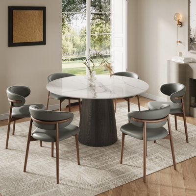 6PCS Round Pedestal Stylish Modern Dining Table Set With Faux Leather Comfortable Chairs