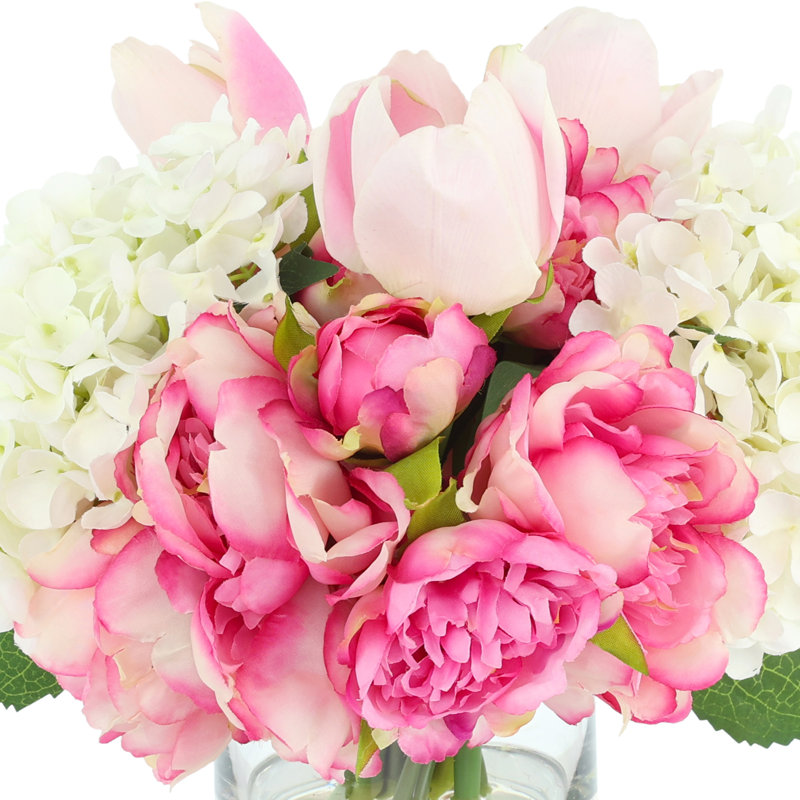 Peonies, Tulips and Hydrangeas in Glass Vase
