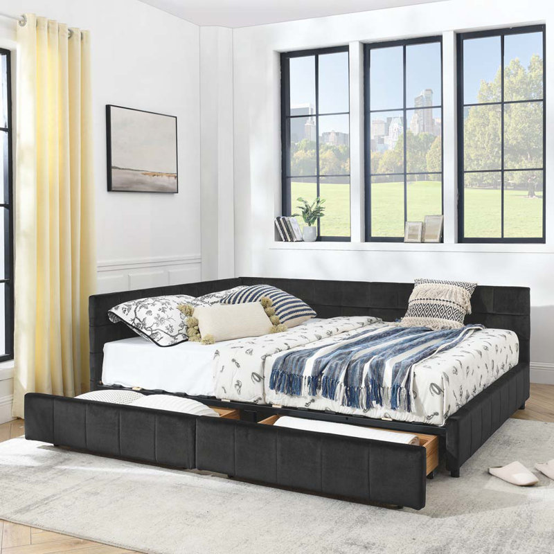 Lit de jour en velours avec rangement, Noir, Grand lit