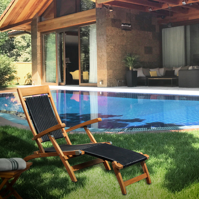 Jovie Outdoor Teak Wood Chaise Lounge, Black