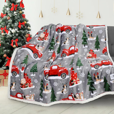 Jeté de Noël en sherpa, jetés à thème de Noël, couverture en peluche pour canapé | Super doux, confortable, confortable, moelleux, chaud | 50 x 60 pouces, camion