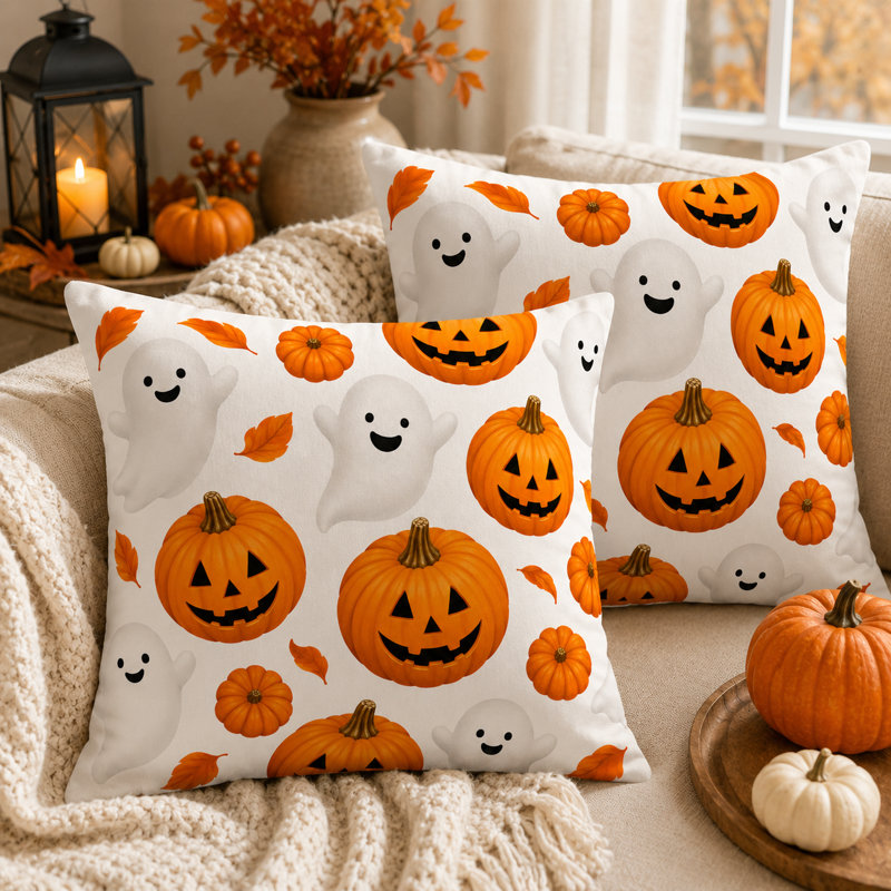 Ensemble de 2 coussins décoratifs d'Halloween pour canapé et décoration intérieure, White