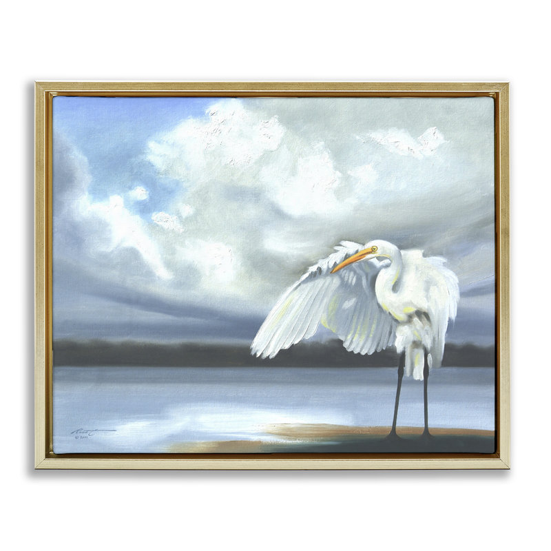 "Egret on Cloudy Beach Shore", art mural par D. Rust, H 25 po x l 31 po, Cadre flottant métallique doré