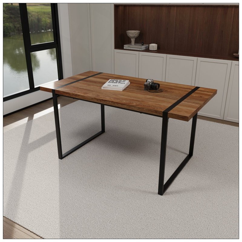 Table de salle à manger 59 po en bois aggloméré rectangulaire industriel moderne de 59 po, 4 à 6 personnes, plateau de table en bois d'ingénierie de 1,5 po d'épaisseur et pieds rectangulaires noirs en métal, utilisés pour la maison et la cuisine