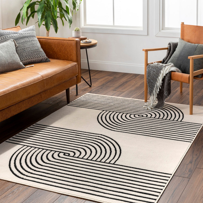 Off White Modern Shaggy Rug, Abstract Easy to Clean Rug For Living Room, Dining Room, Bedroom, Rectangle 200 x 275 cm