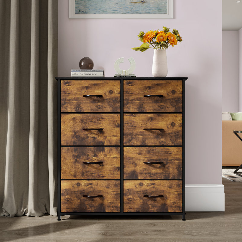 Kathiria 8 Drawer Double Fabric Dresser with Wood Grain Prints, Rustic Brown