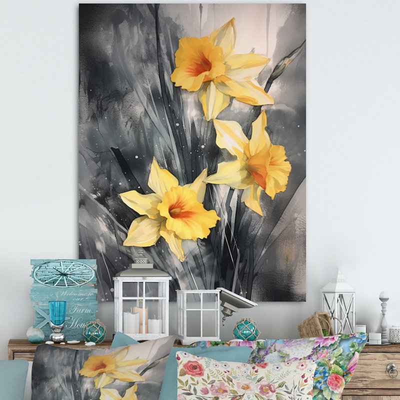 «Yellow Gray Natures Daffodils Impression II» sur toile, H 20 po x l 12 po x P 1 po, Toile tendue
