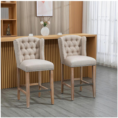 HOMCOM Wooden High-Back Stool Set 2 Pieces, Beige