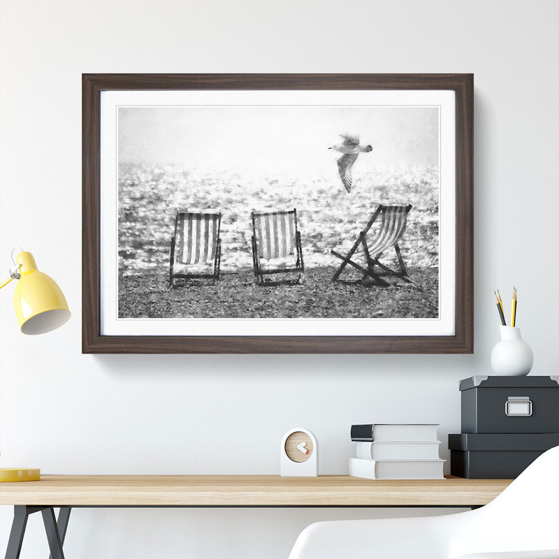 Seagull Flying Over Brighton Beach - Single Picture Frame Painting on MDF, 33cm H x 45cm W x 2cm D, Walnut Framed