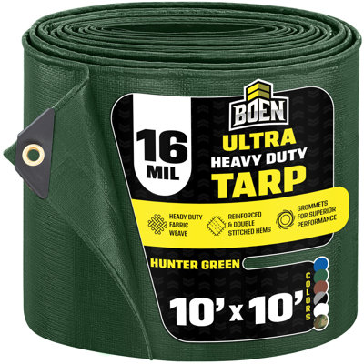 Bâche vert forêt de 10 pi x 10 pi, housse imperméable ultra-résistante de 16 mil d'épaisseur, toiles anti-déchirure, tissage épais, résistante aux rayons UV, idéale pour la tente de bâche, le bateau, le véhicule récréatif ou la piscine
