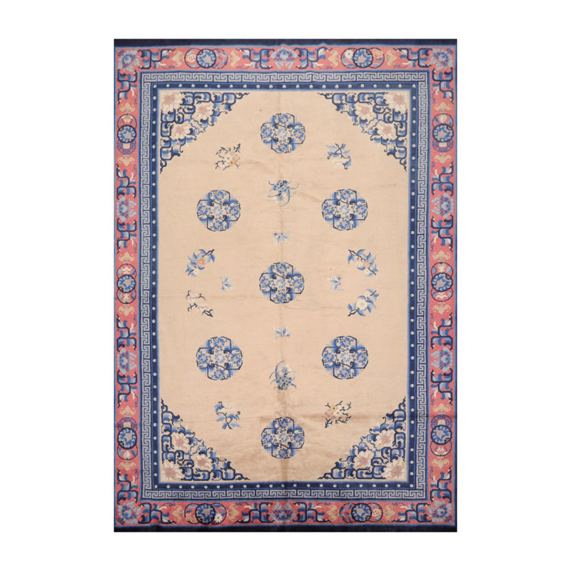 Tapis beige / bleu foncé en laine noué à la main de conception unique 6 pi 7 po x 9 pi 8 po Wojciech