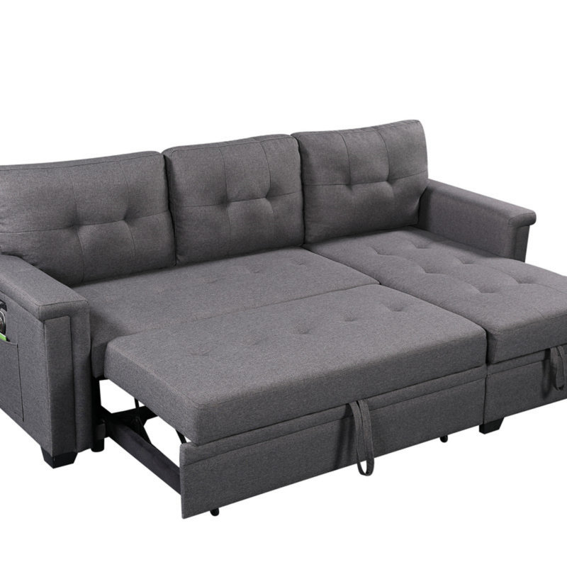 Canapé-lit modulaire réversible avec méridienne de rangement, ports de chargement USB et poche, Lin gris foncé