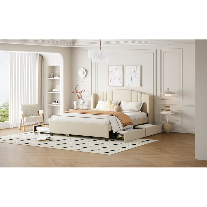 Grand lit plateforme tapissier avec tête de lit à oreilles, 2 tiroirs, lit gigogne, sans sommier, tête de lit en lin beige, grand lit, tissu simple