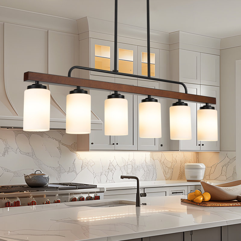Éclairage d'îlot de cuisine en bois noir à 6 lumières avec verre blanc laiteux, luminaire de salle à manger de ferme sur table