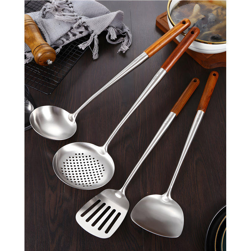 Spatule de cuisine en acier inoxydable avec poignée en bois de rose pour la cuisson, le brassage et le service