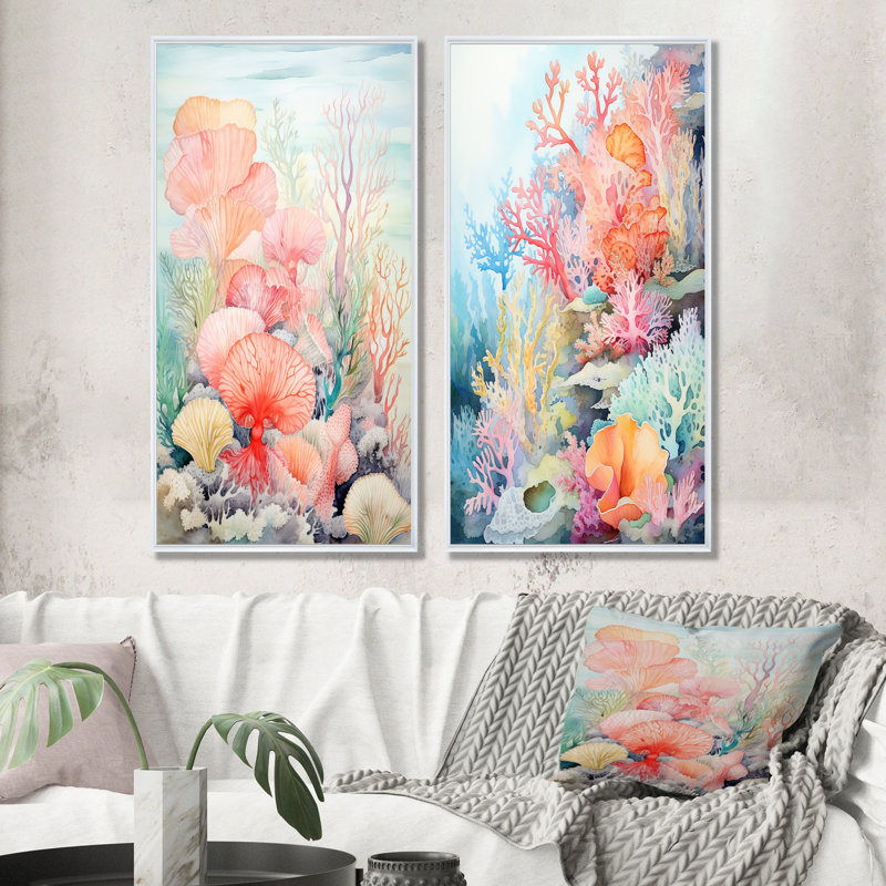 Aquarelle corail pastel - Ensemble de 2 décorations murales corail sous l'eau, Cadre flottant blanc, H 28 po x l 25 po