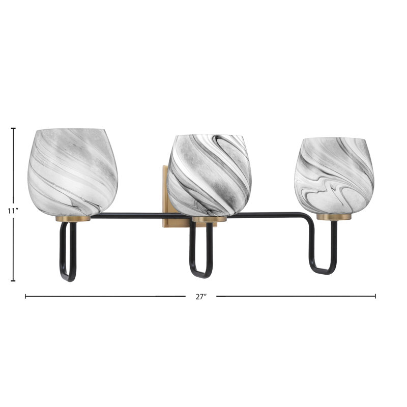 Barre d'éclairage de salle de bain 3 lumières Amarmula au fini noir mat et laiton vieilli, verre onyx 6 ", Noir/laiton