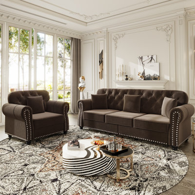 Upholstered Velvet Chesterfield Sofa With Nailhead Trim And Rolled Armrests, Includes 1 Ottoman, Mid-Century Modern Design, Brown