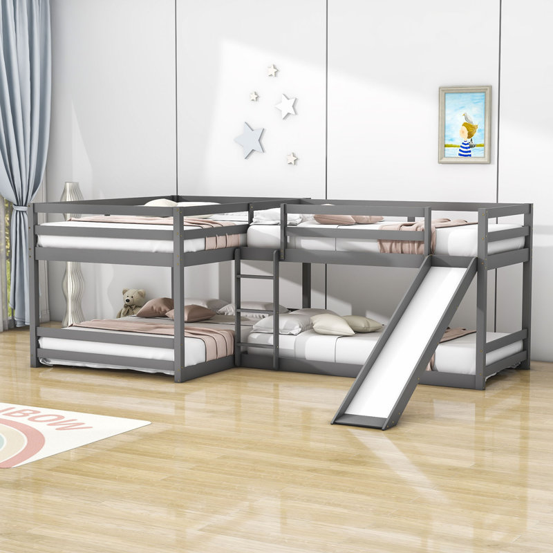 Ernaldus Full over Full and Twin over Twin L-Shaped Bunk Bed with Slide and Ladder, Gray