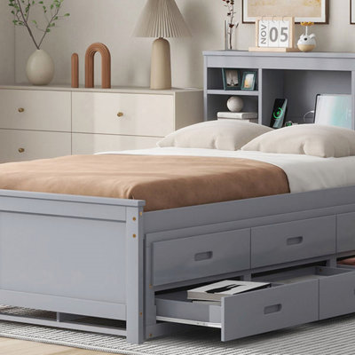 Platform Bed With Storage Headboard, USB, Twin Size Trundle And 3 Drawers (Bed)