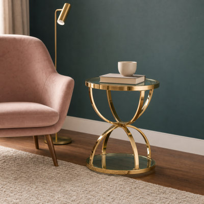 Table d'appoint moderne en verre 19,69 po avec 2 niveaux, cadres en forme d'anneau, structure en métal et verre trempé transparent, table basse ronde, table de chevet pour le salon, la chambre à coucher et le bureau, doré