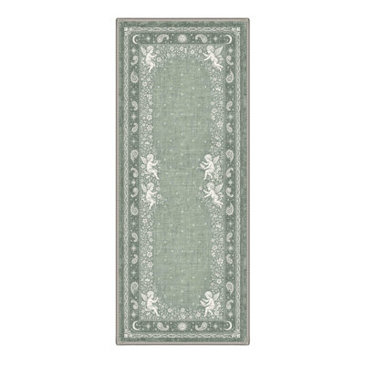 Machine Washable Toile Green / Ivory Hallway Runner With Non-Slip Backing
