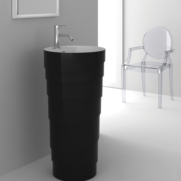 Lavabo de salle de bain à piédestal circulaire avec trop-plein, noir mat