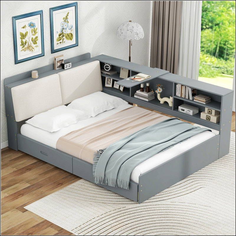  Lit plateforme double avec tête de lit à rangement, Gris
