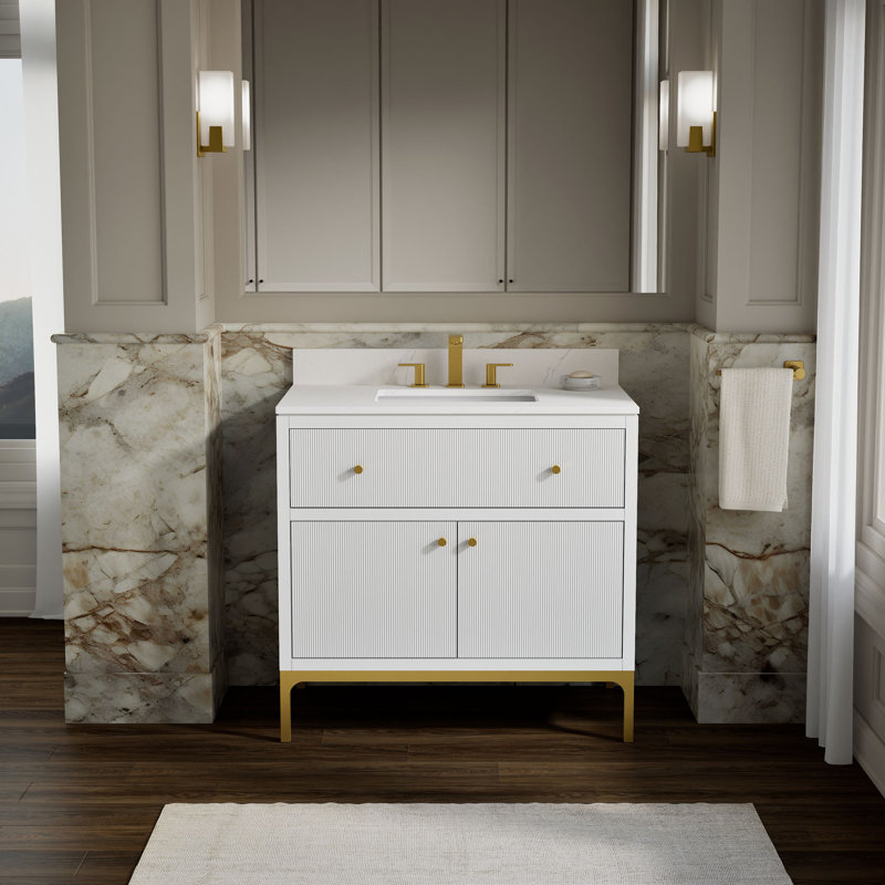 Calpa 36 In. Bathroom Vanity Cabinet With Sink And Quartz Top, White
