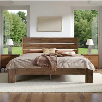 Full Size Solid Wood Platform Bed Frame with Headboard & Footboard, 12 Strong Slats Structure Centre Metal Legs, Noise-Free & Anti-Slip, Easy Assembly, No Box Spring Needed, Warm Walnut Finish