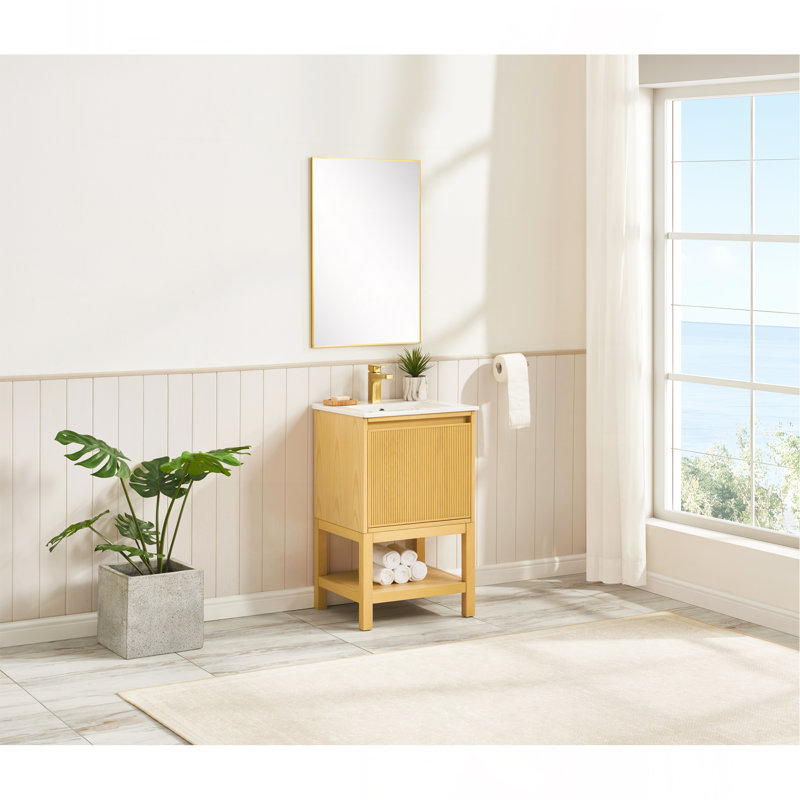 Meuble-lavabo en bois massif de 20 po avec étagère réglable pré-assemblé - Bois de frêne, Bois de frêne naturel