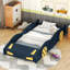 Lit de voiture de course simple bleu foncé + jaune avec rangement pratique, construction, confortable pour une bonne nuit de sommeil, plateforme et espace de rangement, construction en bois fiable