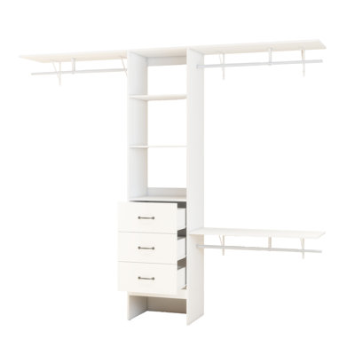 Système de placard de 96,06 po, organisateur de garde-robe, 3 tablettes réglables et 3 cintres extensibles et 3 tiroirs, cintres intégrés, charge 1000 lb, blanc