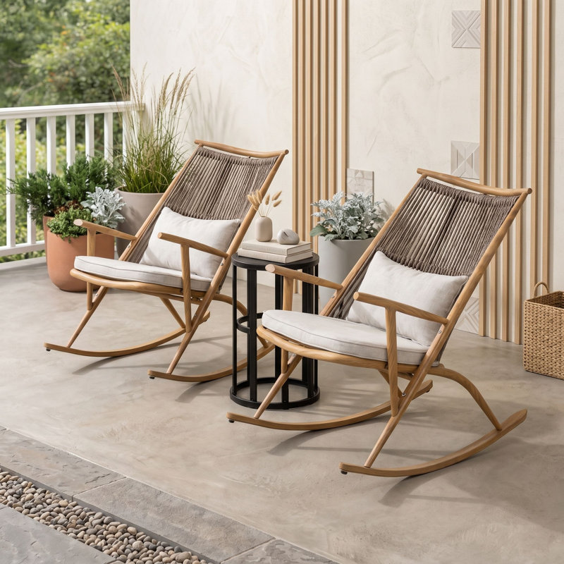 Ensemble de 3 chaises à bascule d'extérieur avec table d'appoint en céramique, chaises de patio en fer avec dossier et coussins en rotin en PE