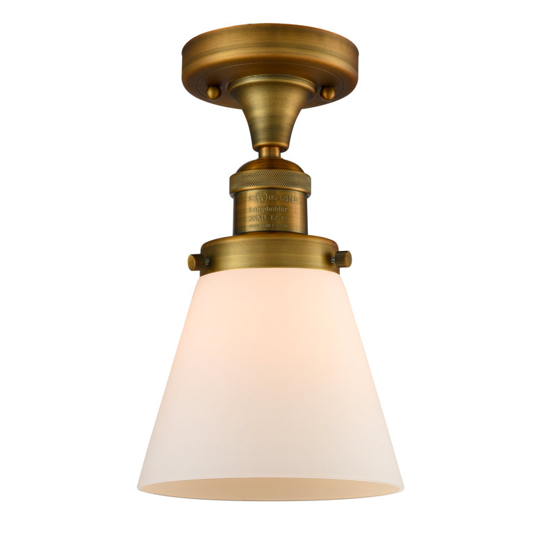 Plafonnier semi-encastré 1 lumière Cone, Boîtier blanc mat, Ampoule à DEL rétro de 6 watts, Laiton brossé
