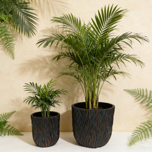 mdj pottery Set of 2 Magnesium Oxide Plant Pots Set, 15.75+12.2 Inch Planters Indoor with Drainage Hole, Vertical Wavy Textured MGO Flower Pots for Succulents, Greenery - Copper + Dark Blue (Set of 2)